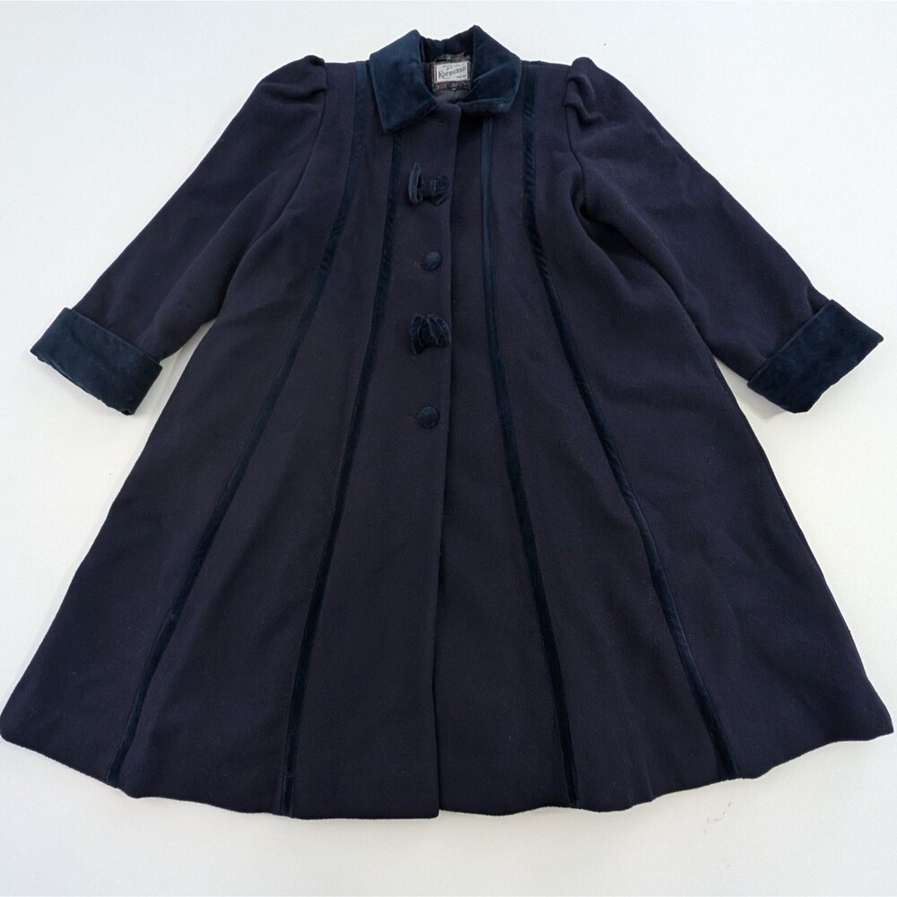 Vintage Rothschild Pea Coat Girls 10 Navy Blue Wool Dress Velvet Collar Overcoat